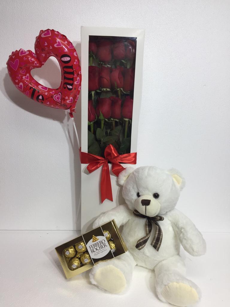 Caja con 12 Rosas ms Bombones Ferrero Rocher 100 Gramos, Peluche 30 cm y Globito